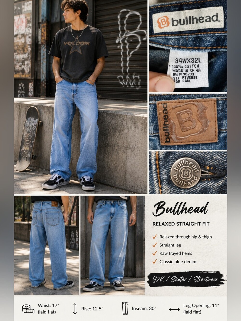 Bullhead Men’s Relaxed Straight Blue Jeans 34x32